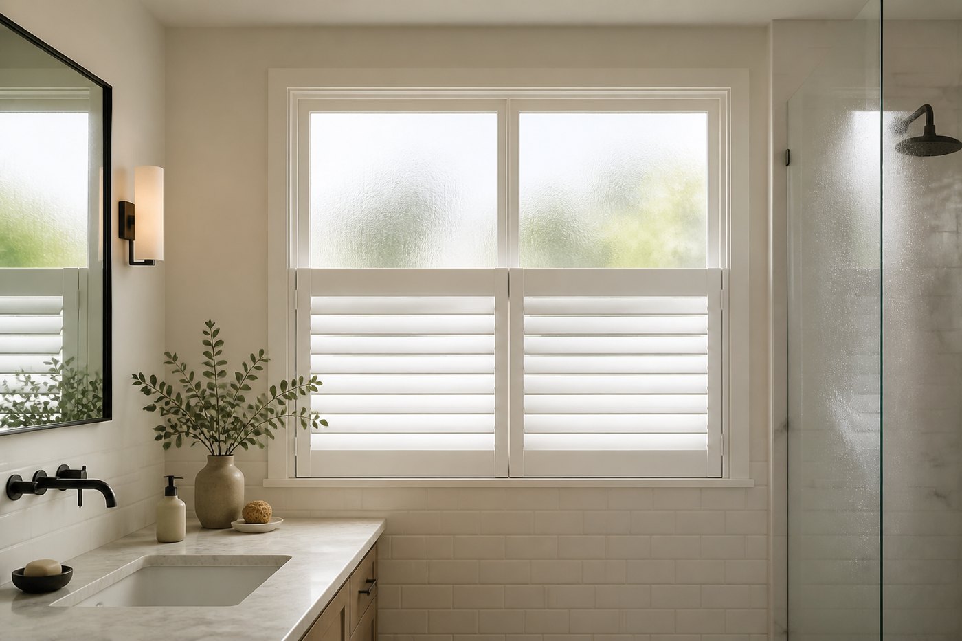 Bright bathroom with cafe-style white plantation shutters over a tiled window