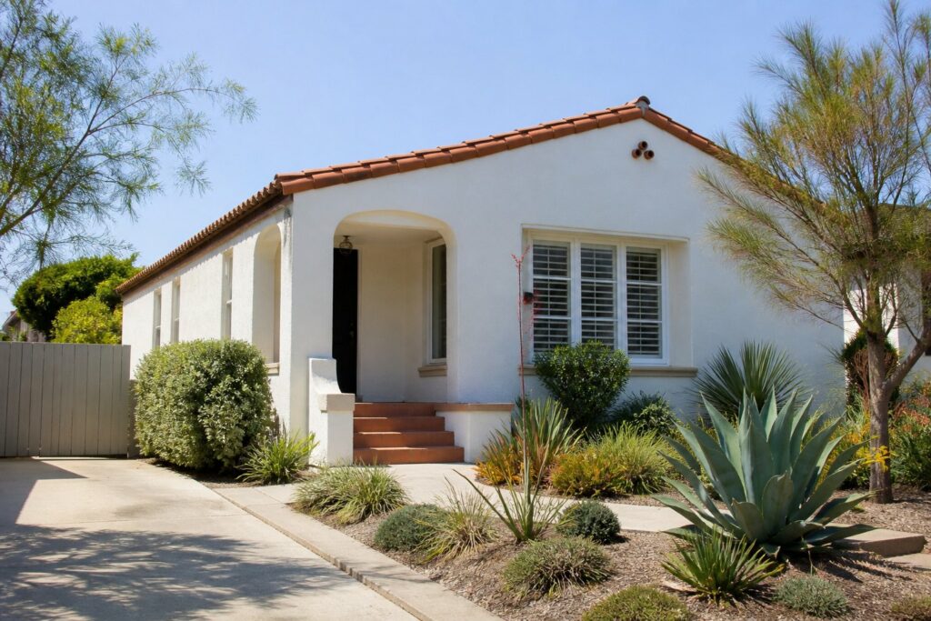 White stucco San Diego house with terracotta roof and interior plantation shutters visible in the front window